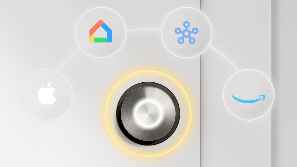 Smart lock with the logos of various Matter platforms.